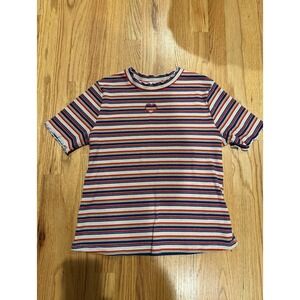 Y2K ANGVNS Ribbed Striped Short Sleeve Shirt W Heart Chest Accent Women Size XL